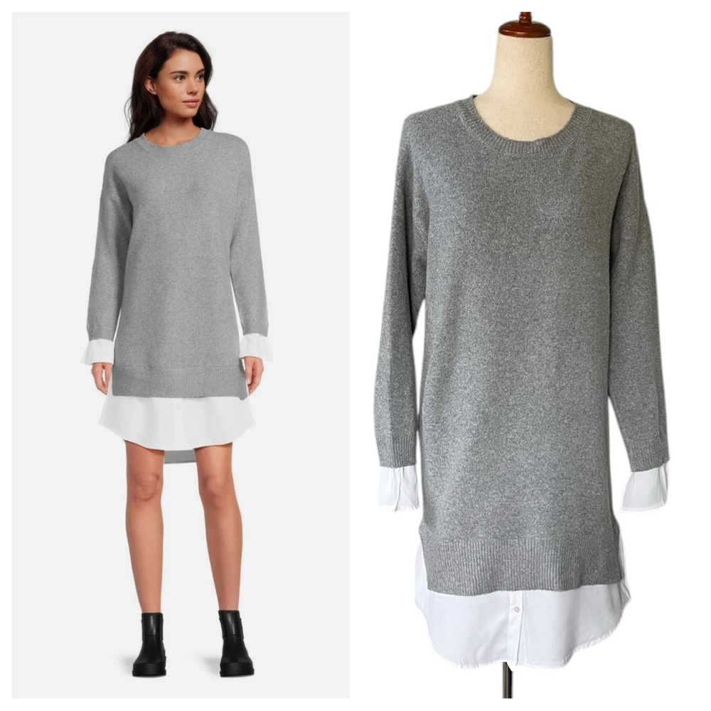 Time and Tru Women's Layered Look Sweater Dress in grey and white